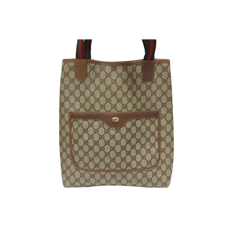Gucci Beige Logo Leather Line Tote Sherry Bag Tan GG